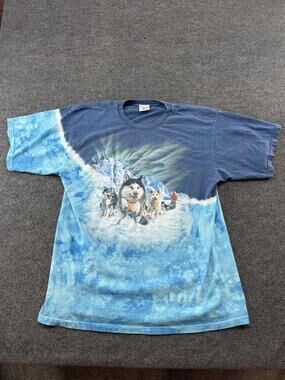 Vintage Polar Graphics Shirt Mens XL Blue Alaska Husky Sled Dog Tie Dye Tee